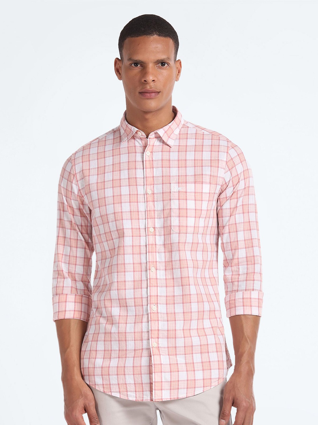 

Flying Machine Slim Fit Cotton Checked Casual Shirt, Pink