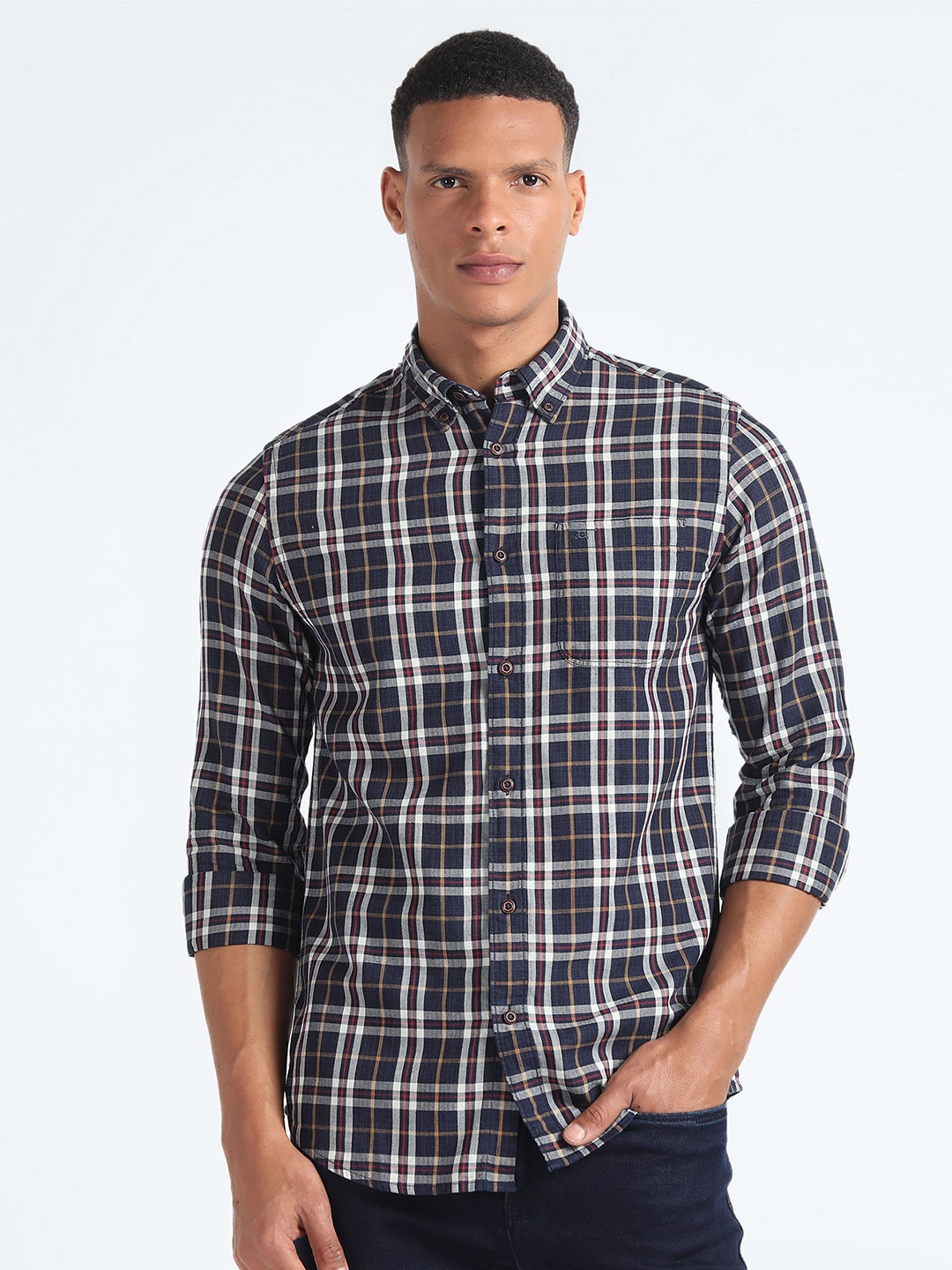 

Flying Machine Tartan Checked Button Down Collar Casual Shirt, Navy blue