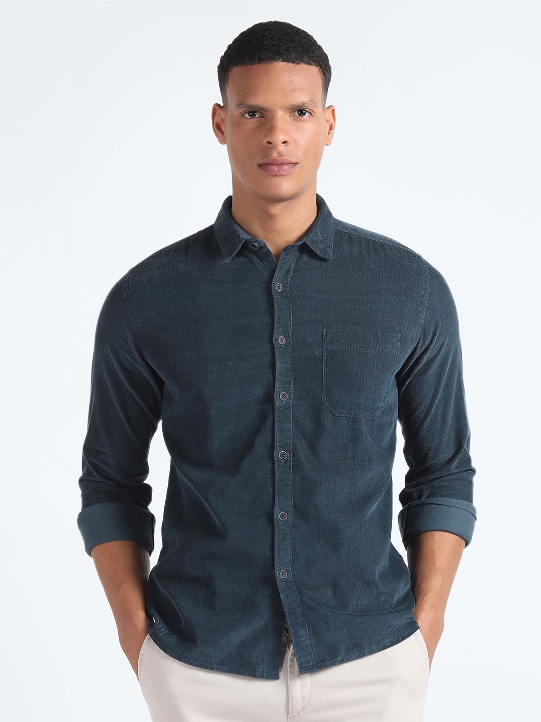 

Flying Machine Spread Collar Corduroy Pure Cotton Casual Shirt, Blue