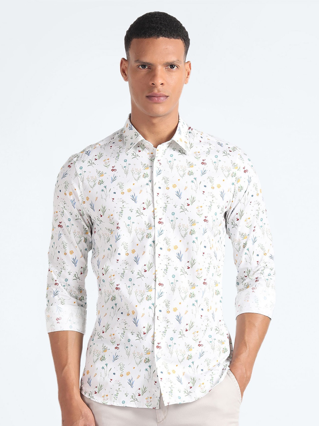 

Flying Machine Slim Fit Floral Printed Pure Cotton Casual Shirt, White