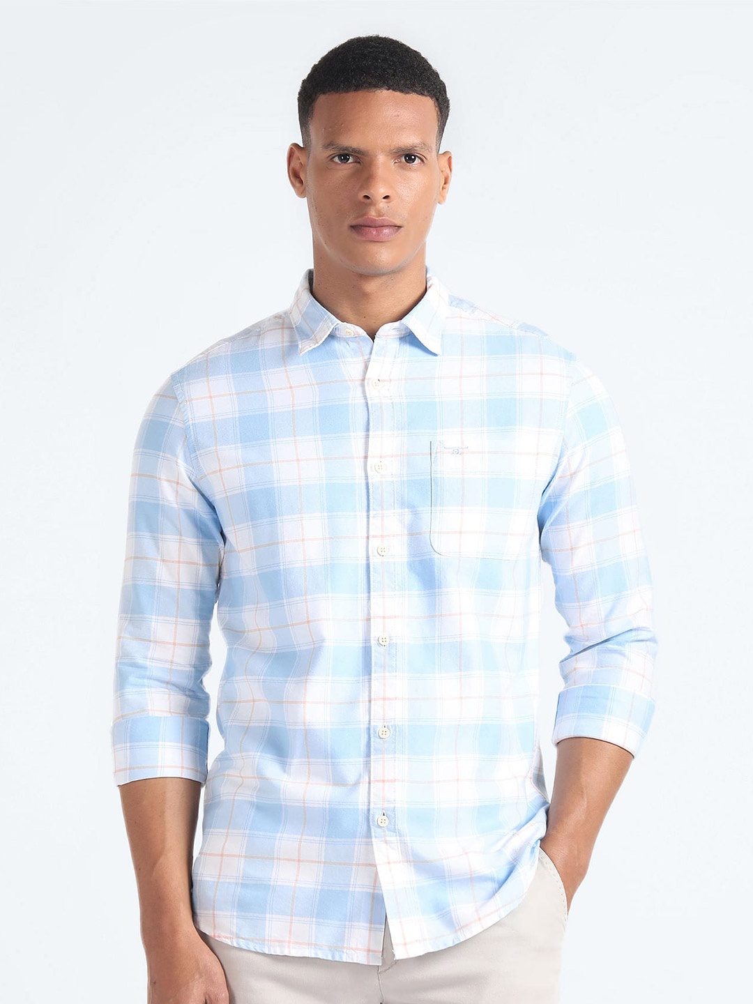 

Flying Machine Slim Fit Tartan Checked Oxford Weave Pure Cotton Casual Shirt, Blue