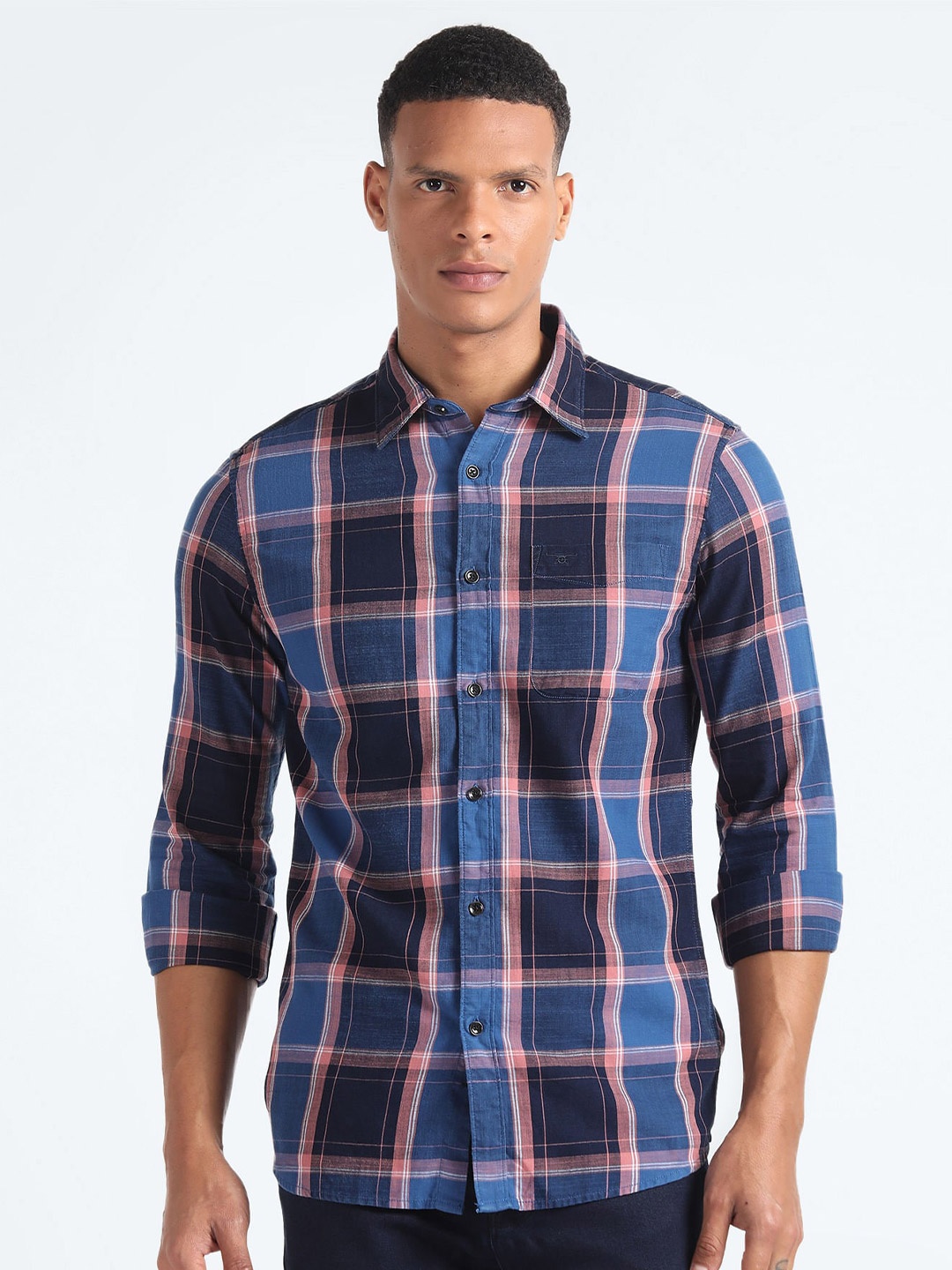 

Flying Machine Slim Fit Tartan Checked Twill Weave Pure Cotton Casual Shirt, Blue