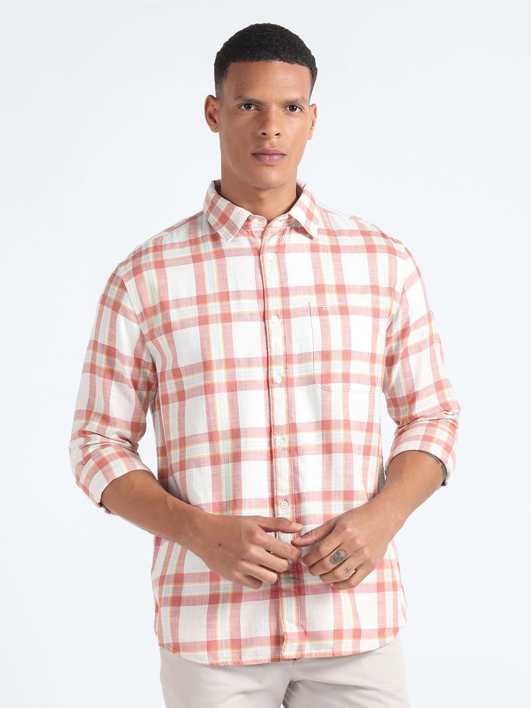 

Flying Machine Slim Fit Tartan Checked Twill Weave Pure Cotton Casual Shirt, Red