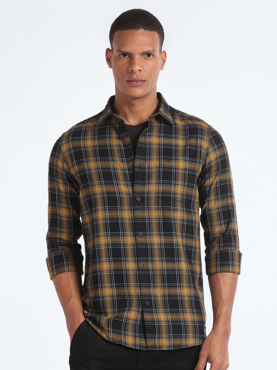 

Flying Machine Slim Fit Tartan Checks Cotton Twill Casual Shirt, Yellow