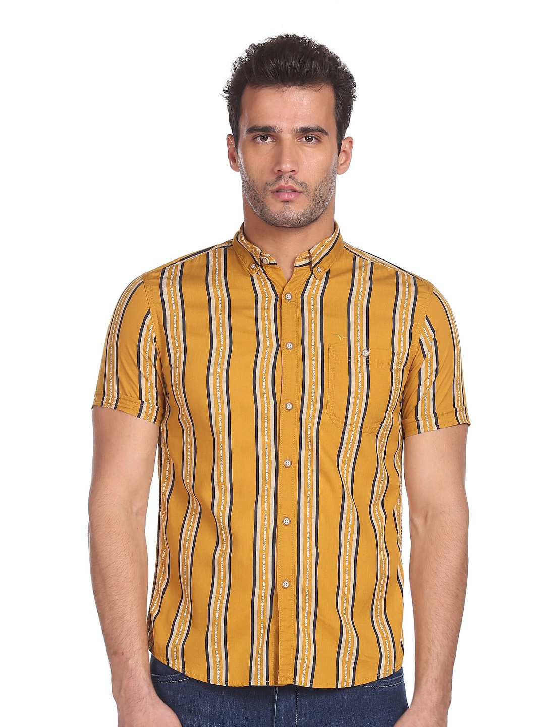 

Flying Machine Vertical Stripes Cotton Casual Shirt, Yellow