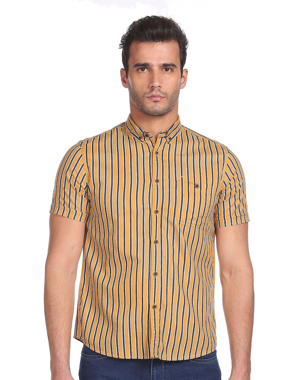 

Flying Machine Vertical Striped Button-Down Collar Pure Cotton Casual Shirt, Yellow