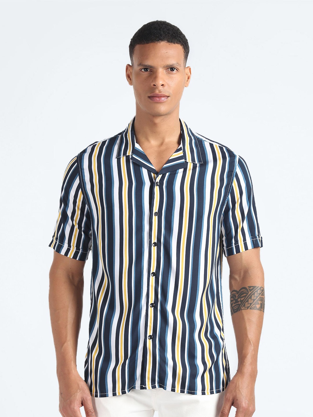 

Flying Machine Slim Fit Vertical Striped Cuban Collar Casual Shirt, Navy blue