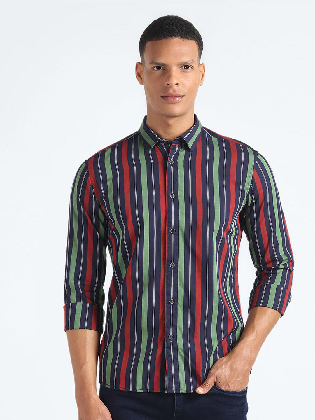 

Flying Machine Slim Fit Cotton Multi Stripes Casual Shirt, Blue
