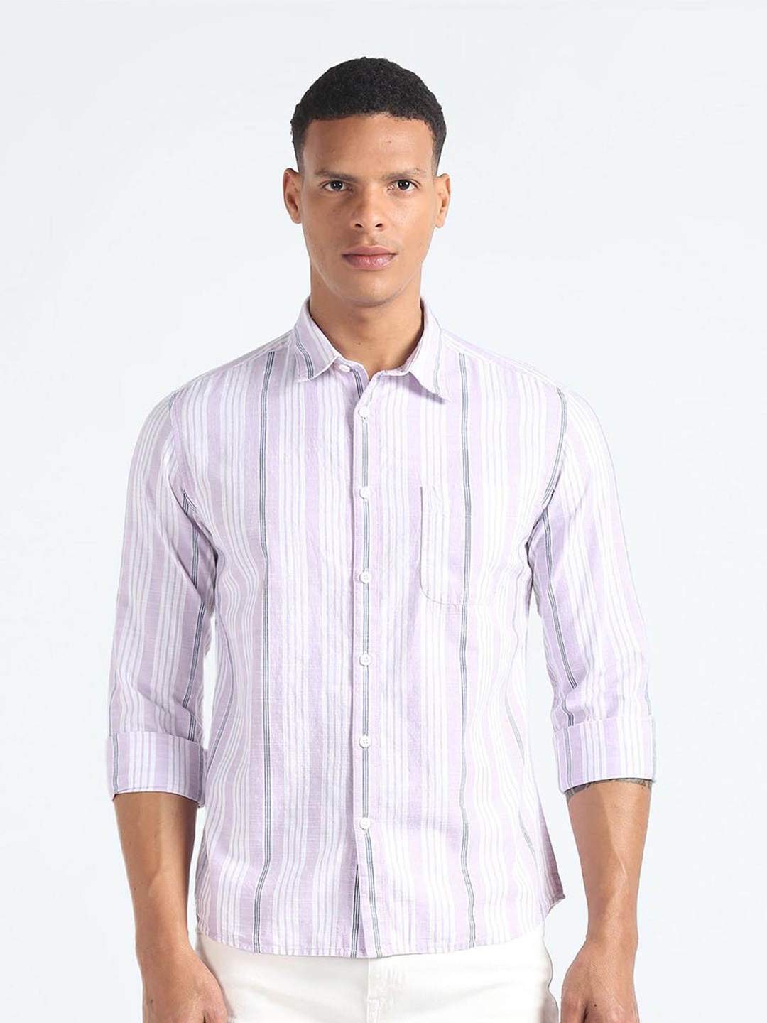 

Flying Machine Slim Fit Cotton Striped Casual Shirt, Purple