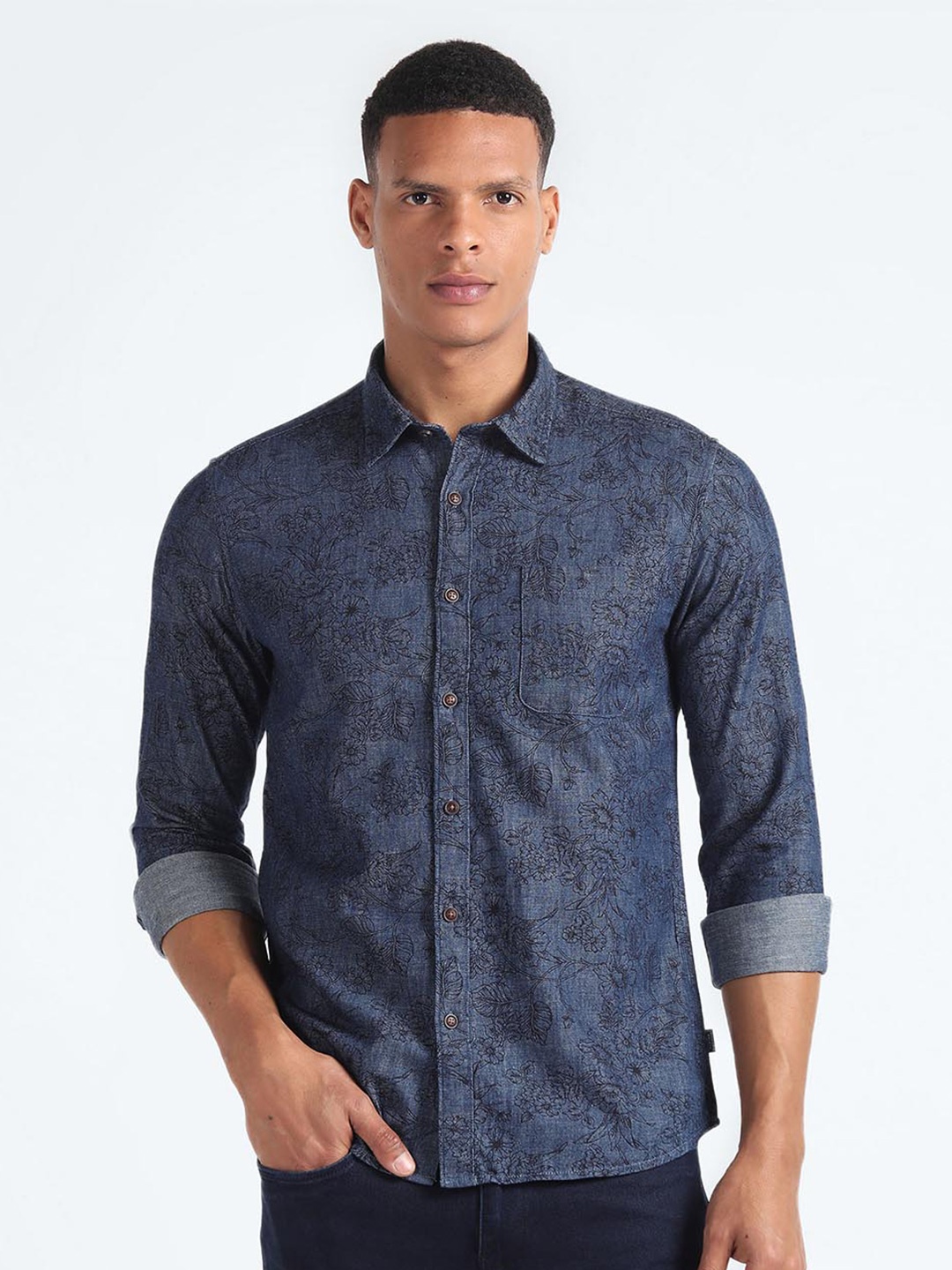 

Flying Machine Slim Fit Floral Printed Pure Cotton Casual Shirt, Blue