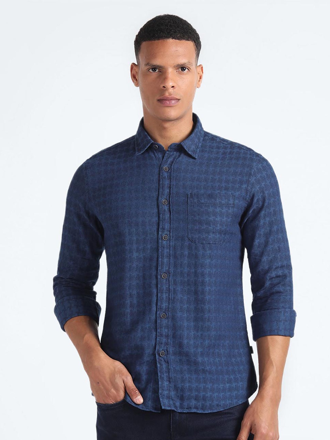 

Flying Machine Slim Fit Checked Pure Cotton Casual Shirt, Blue