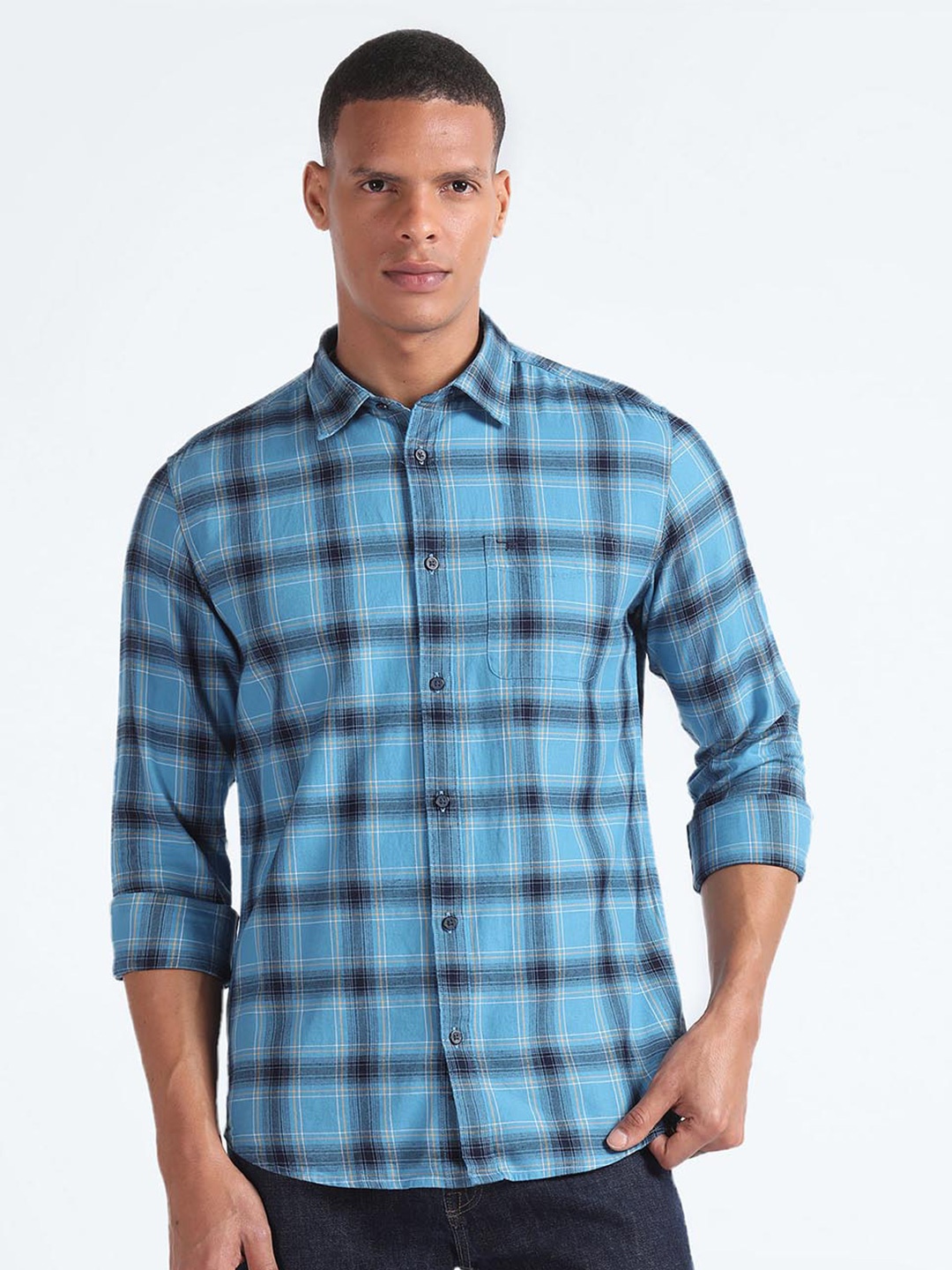 

Flying Machine Slim Fit Tartan Checked Twill Weave Pure Cotton Casual Shirt, Blue