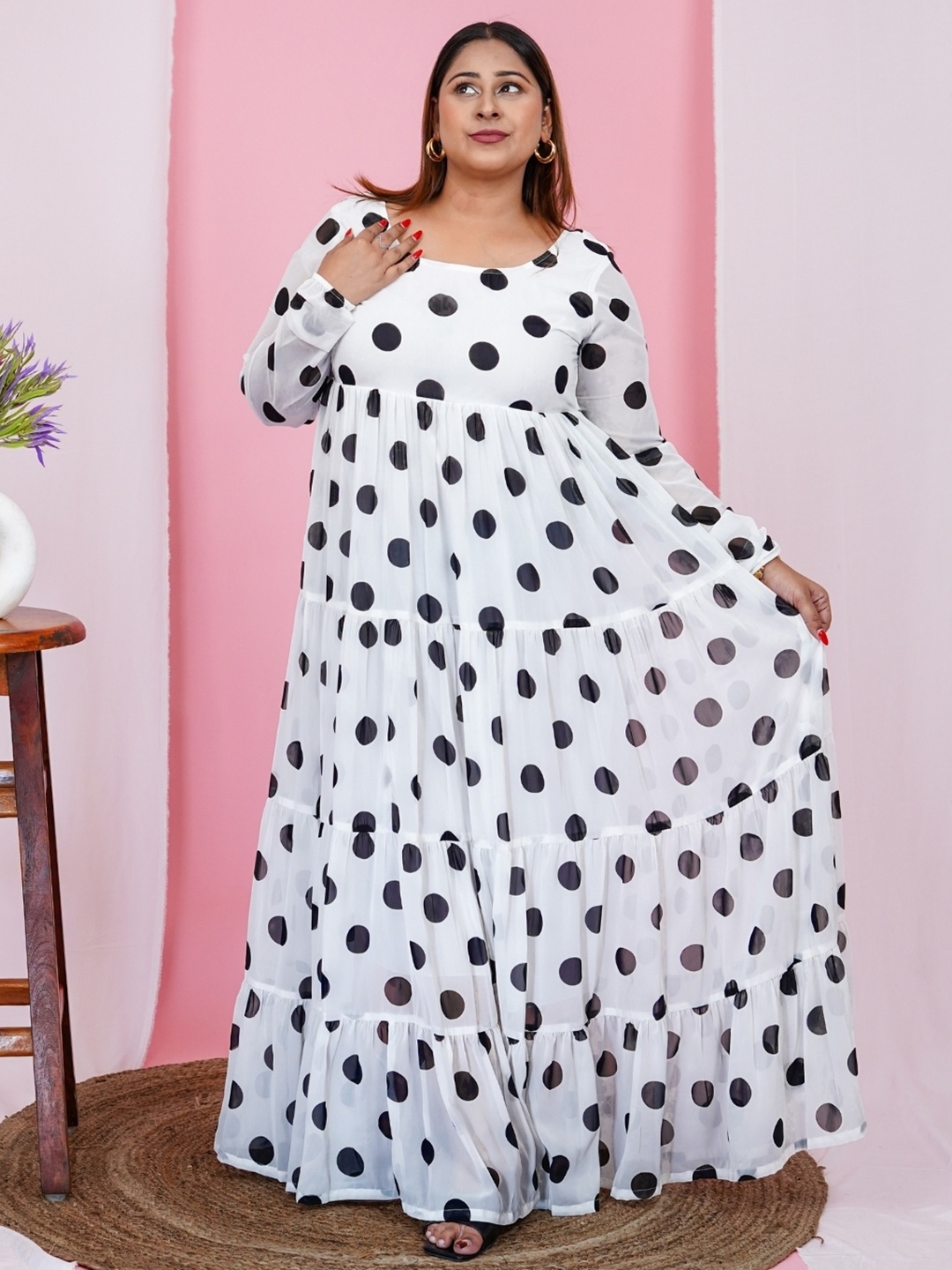 

DEEBACO Plus Size Polka Dots Printed Georgette Tiered Maxi Dress, White
