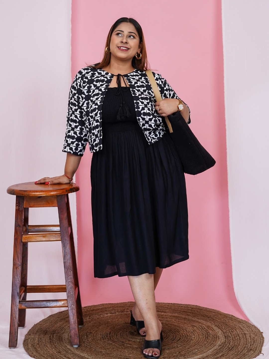 

DEEBACO Plus Size Smocked Fit & Flare Midi Dress With Printed Shrug, Black