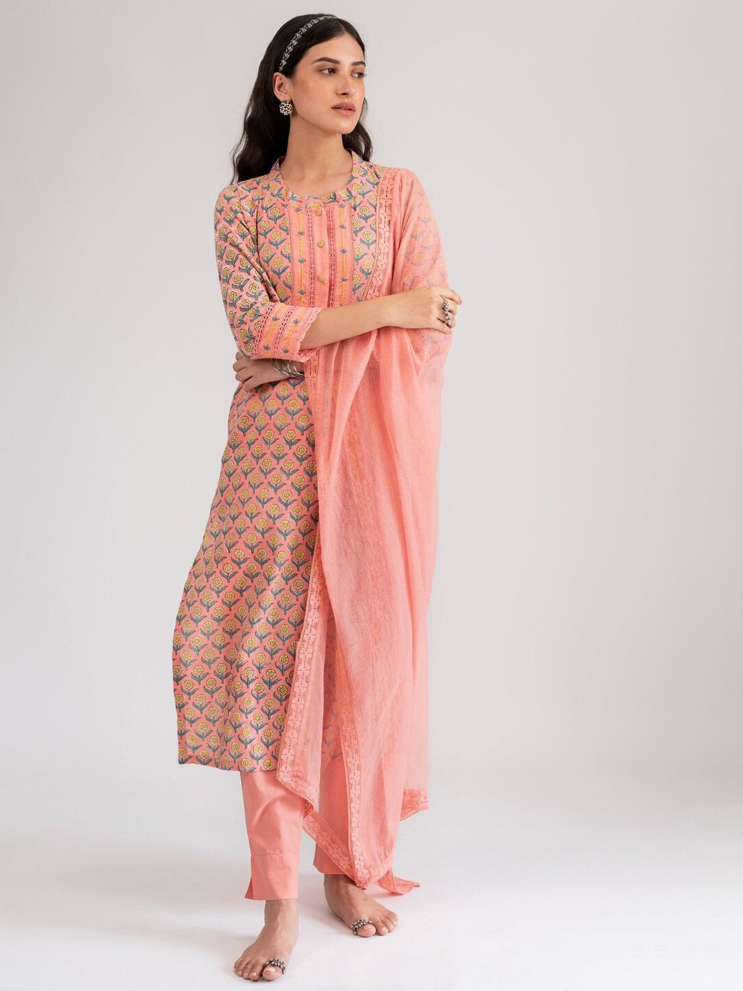 

Prakriti Jaipur Woven Design Lace Kota Dupatta, Peach