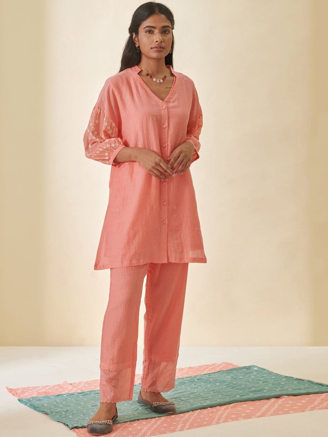 

Prakriti Jaipur Self-Designed A-Line Kurta With Trousers Set, Peach