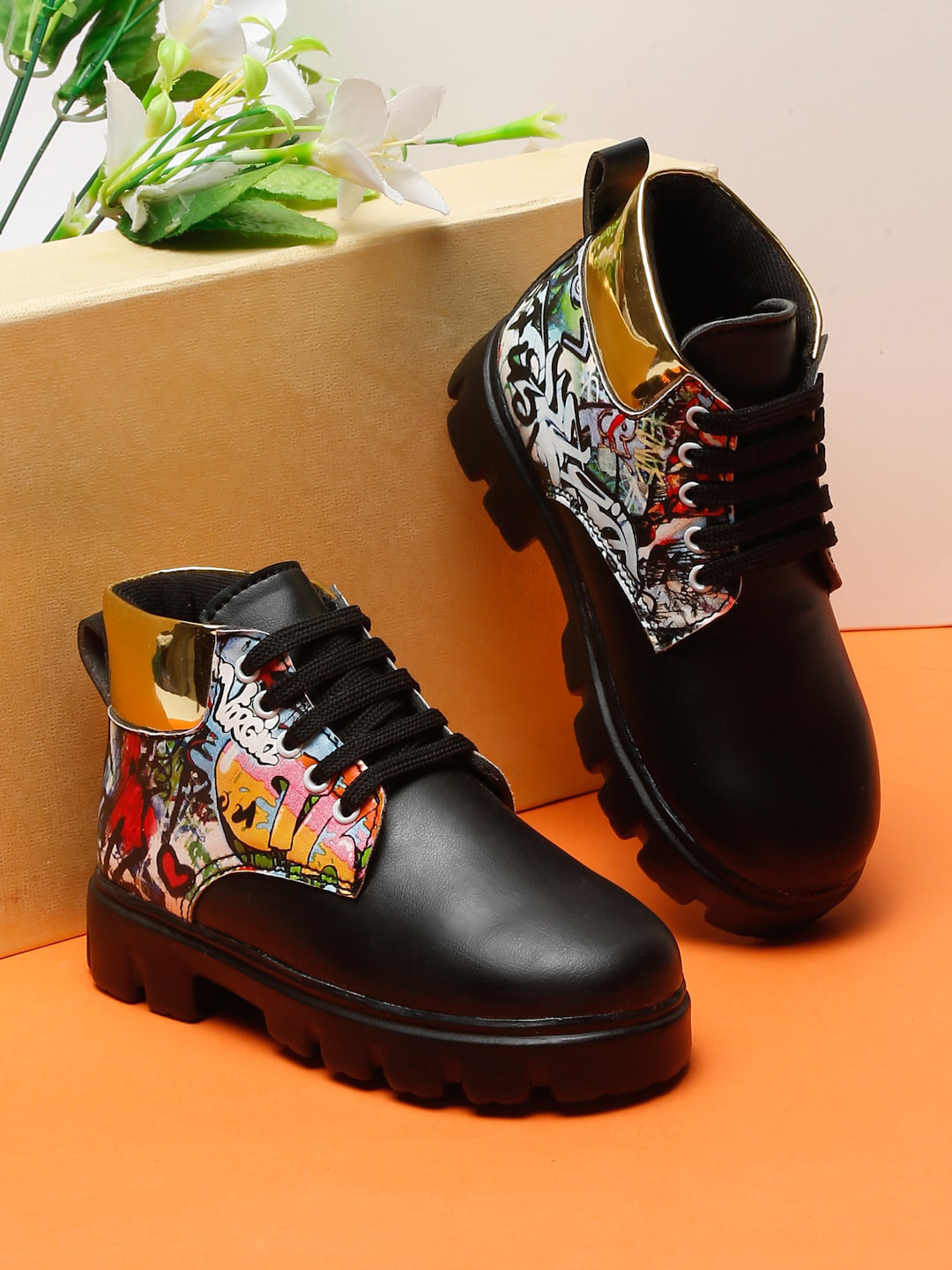 

Tiny Bugs Girls Typographic Printed Round Toe Mid-Top Lace-Up Boots, Black