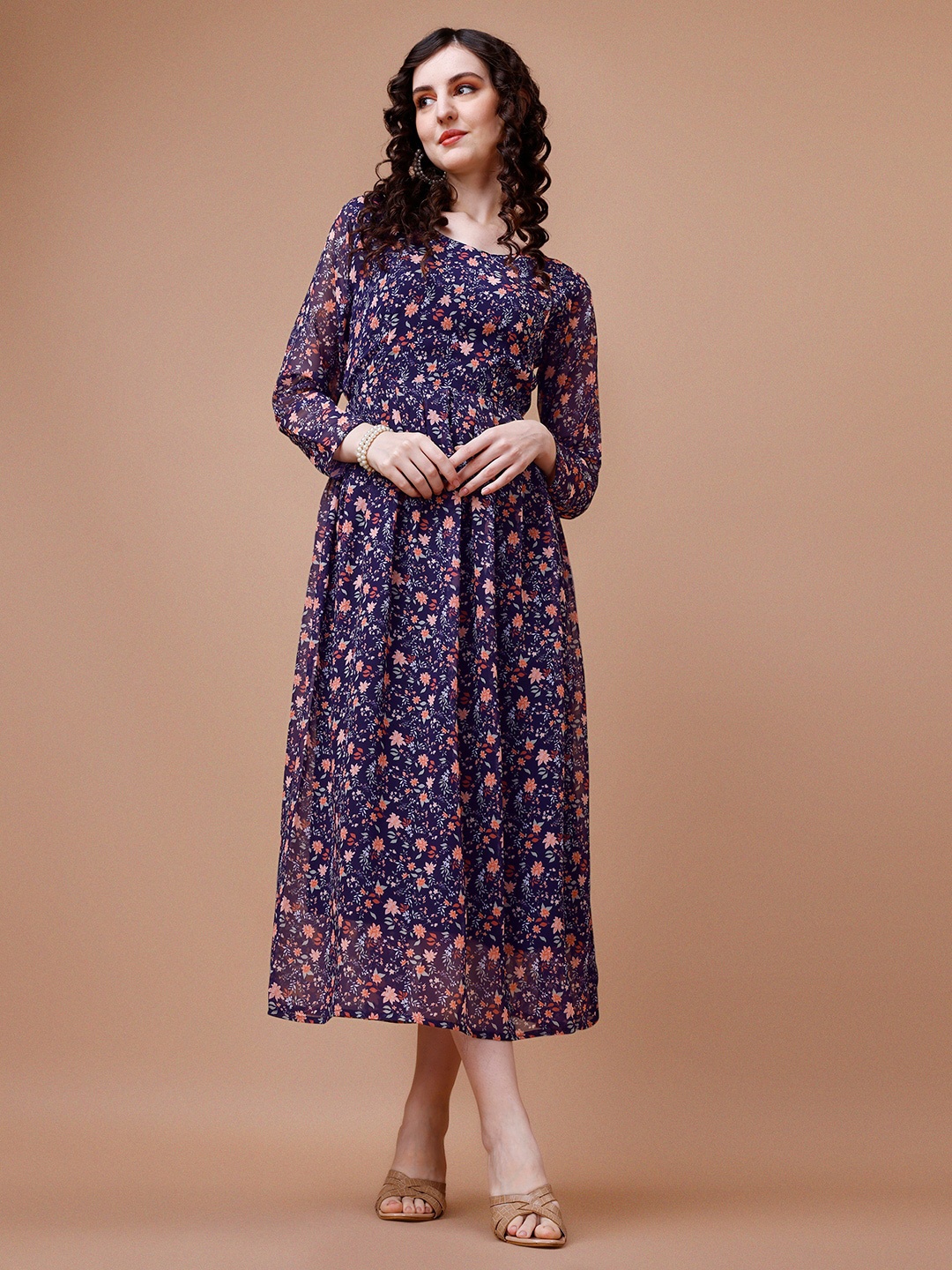 

HETVI CREATION Floral Printed A-Line Midi Dress, Black