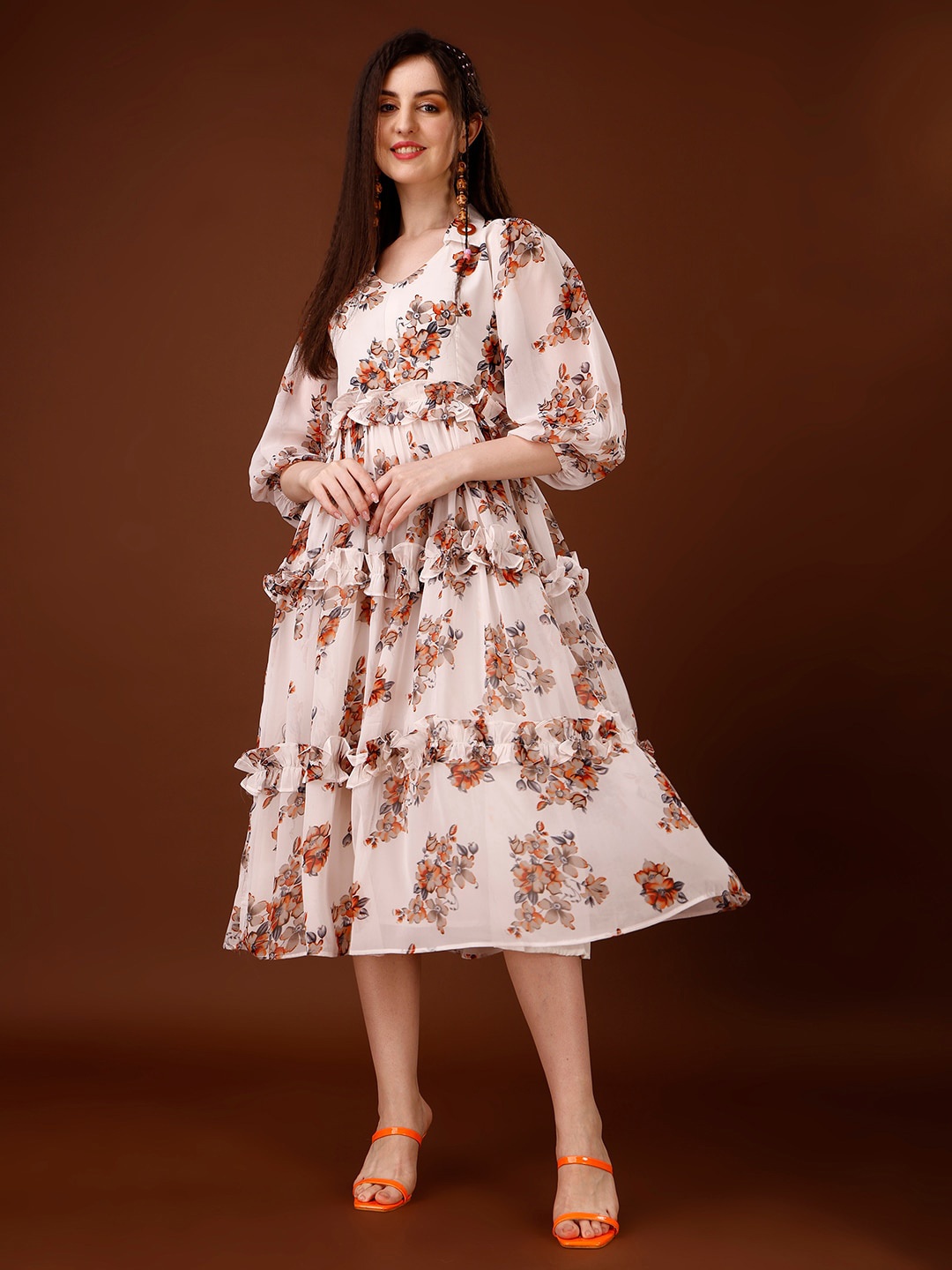 

HETVI CREATION Floral Printed Tiered Fit & Flare Midi Dress, Orange
