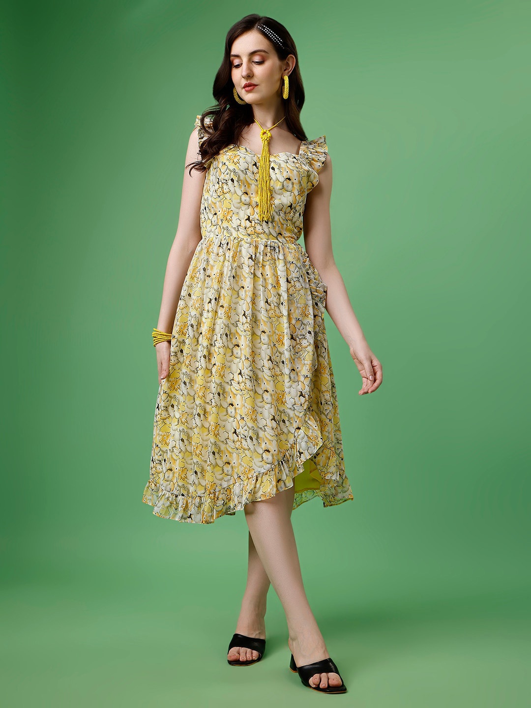 

HETVI CREATION Floral Printed Fit & Flare Midi Dress, Yellow
