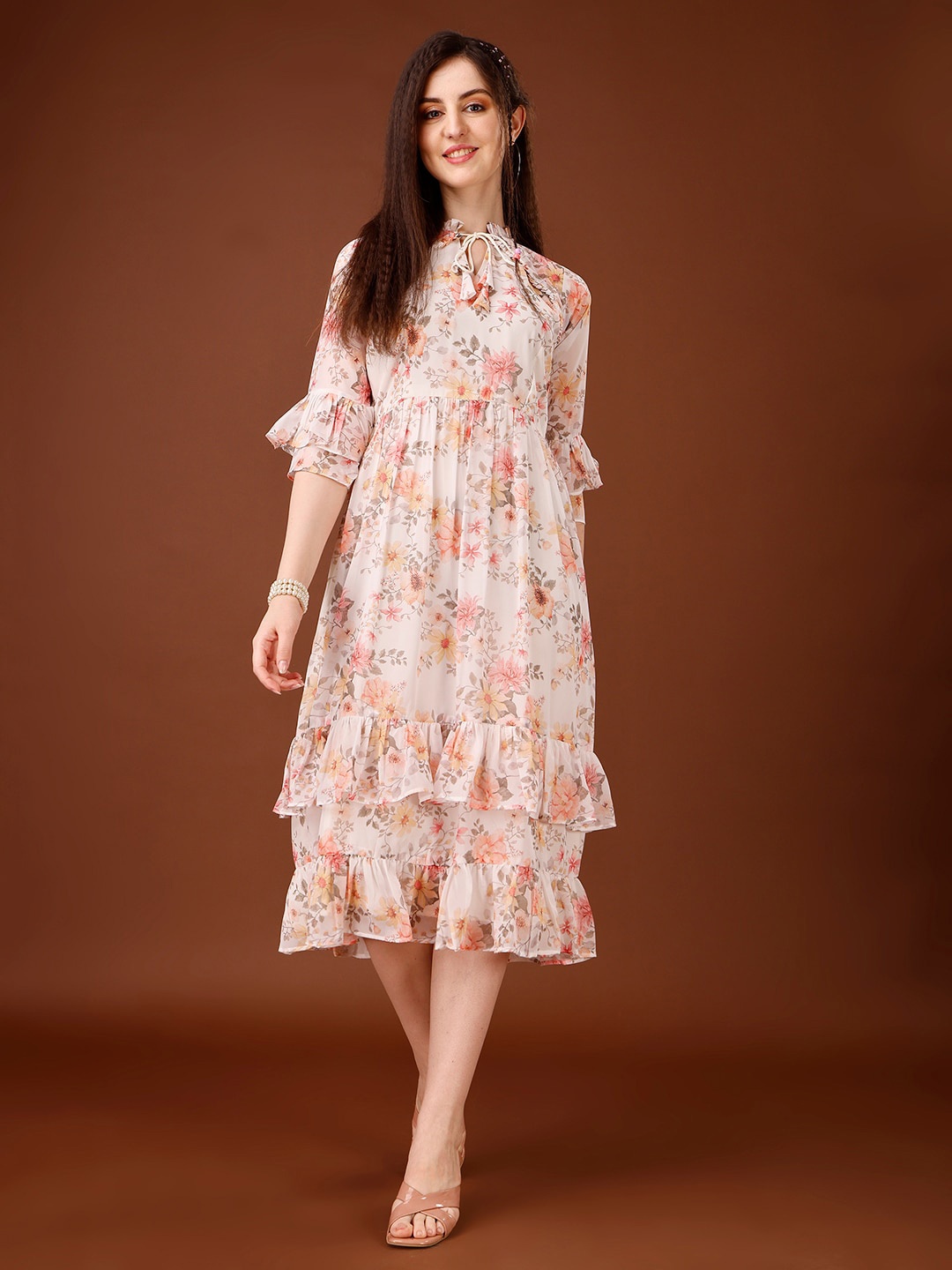 

HETVI CREATION Floral Printed Tie-Up Neck Bell Sleeves Fit & Flare Midi Dress, White