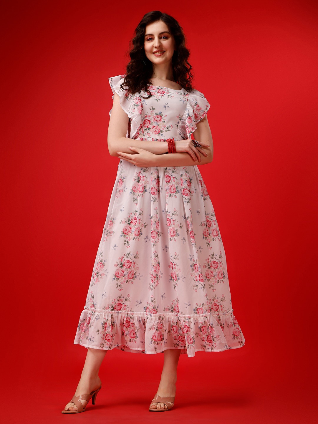 

HETVI CREATION Floral Printed Flutter Sleeves Fit & Flare Midi Dress, White