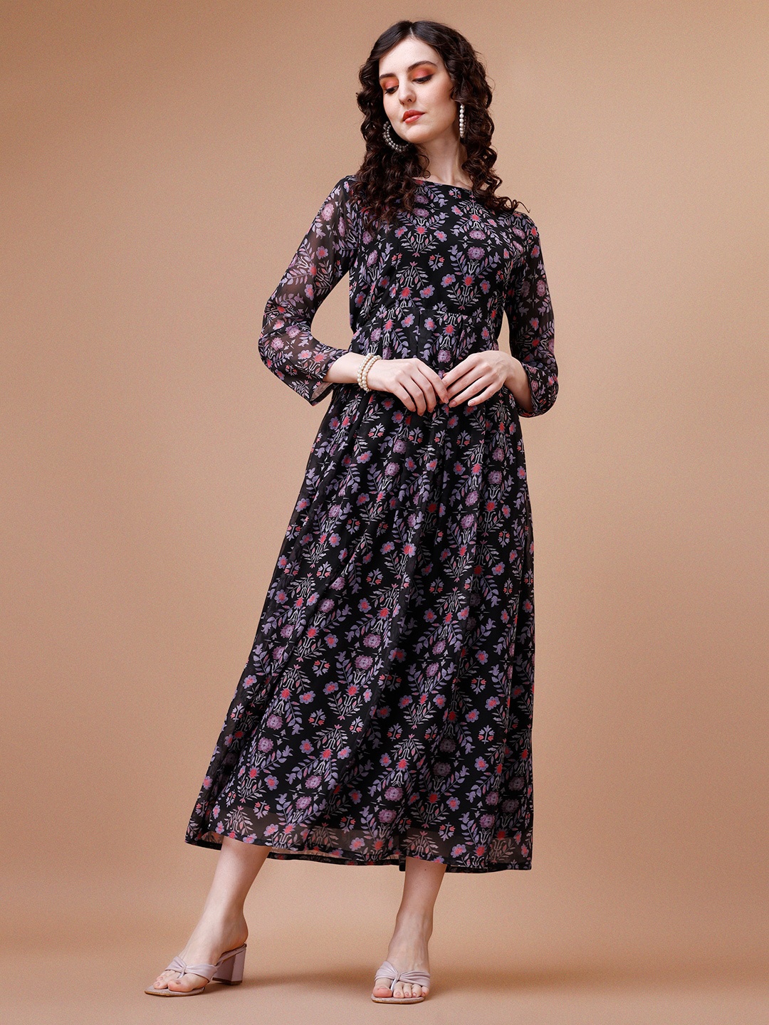 HETVI CREATION Floral Printed Georgette Fit & Flare Midi Dress, Black