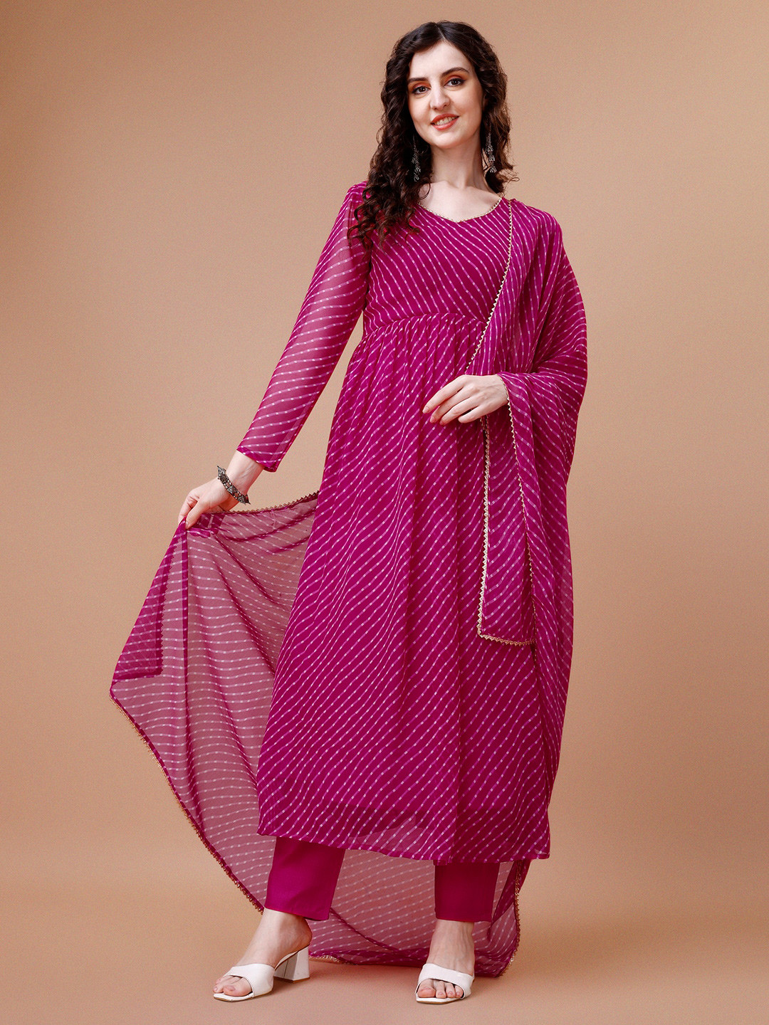 

HETVI CREATION Striped V-Neck Georgette Anarkali Kurta With Dupatta, Pink
