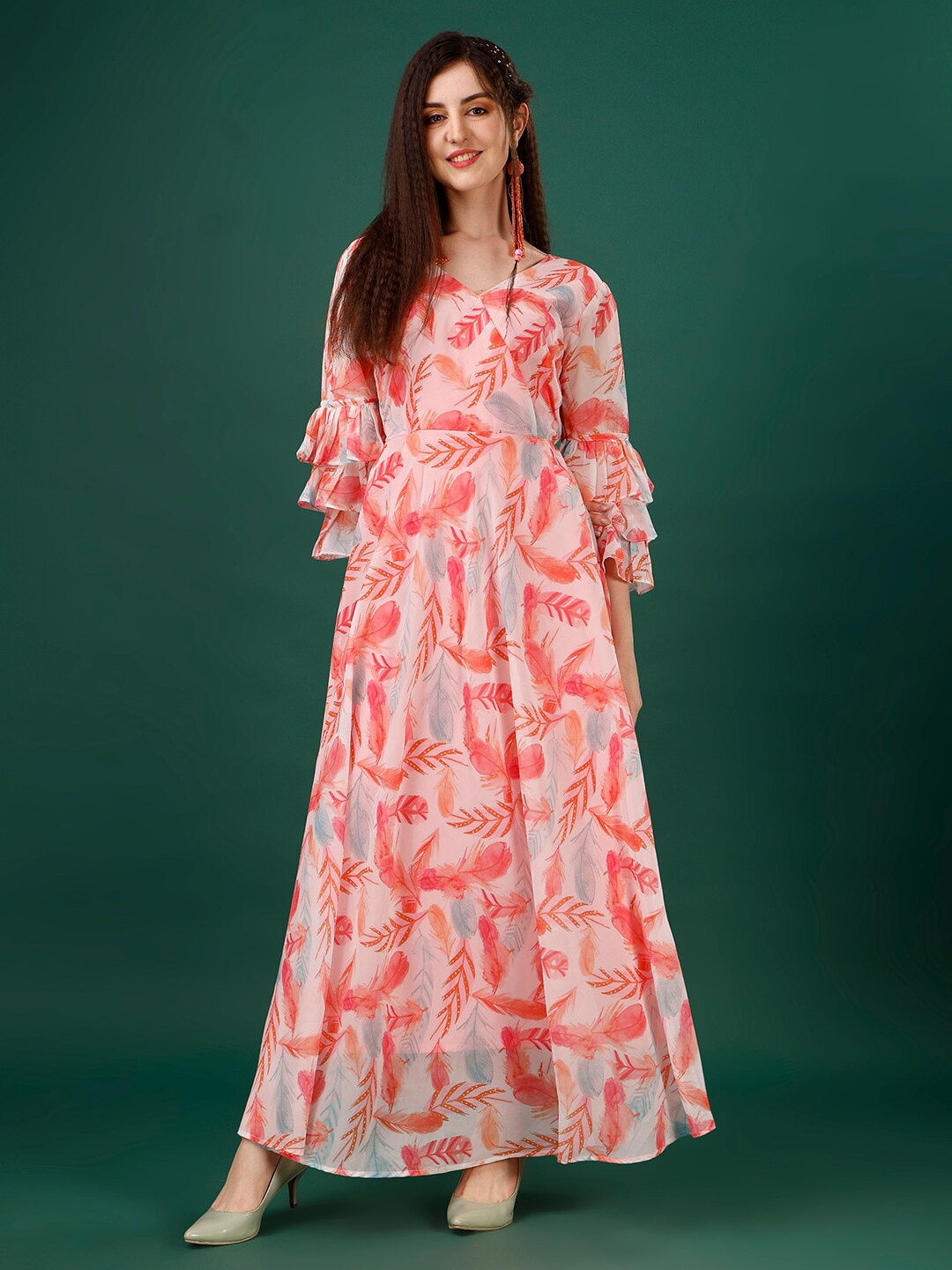 

HETVI CREATION Floral Printed Bell Sleeve Georgette Maxi Dress, Orange