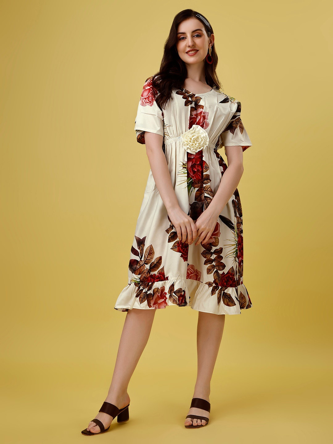 

HETVI CREATION Floral Printed Kimono Sleeves Georgette Kaftan Dress, Off white