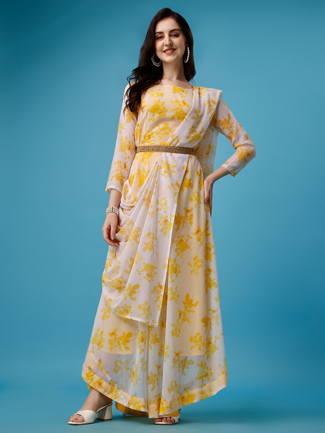 

HETVI CREATION Floral Printed Asymmetric Georgette Maxi Dress, White