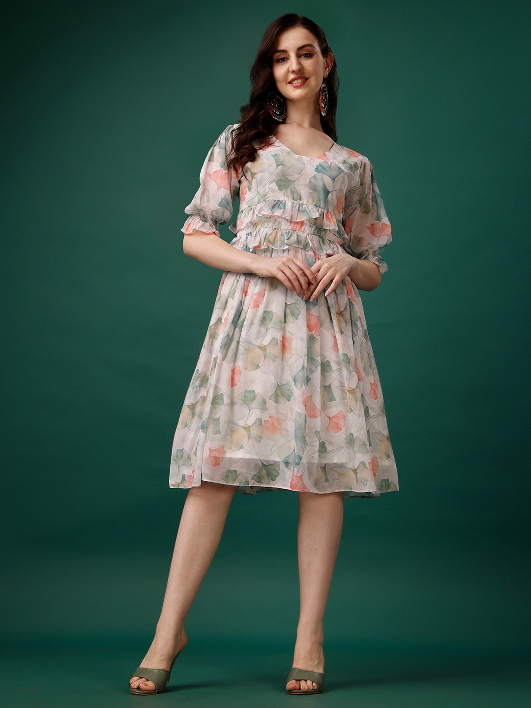

HETVI CREATION Floral Printed V-Neck Puff Sleeve Georgette Fit & Flare Dress, Off white