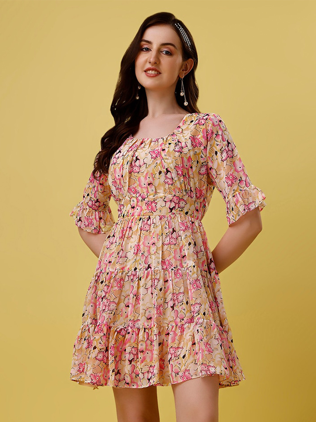 

HETVI CREATION Floral Printed Square Neck Georgette Fit & Flare Dress, Beige