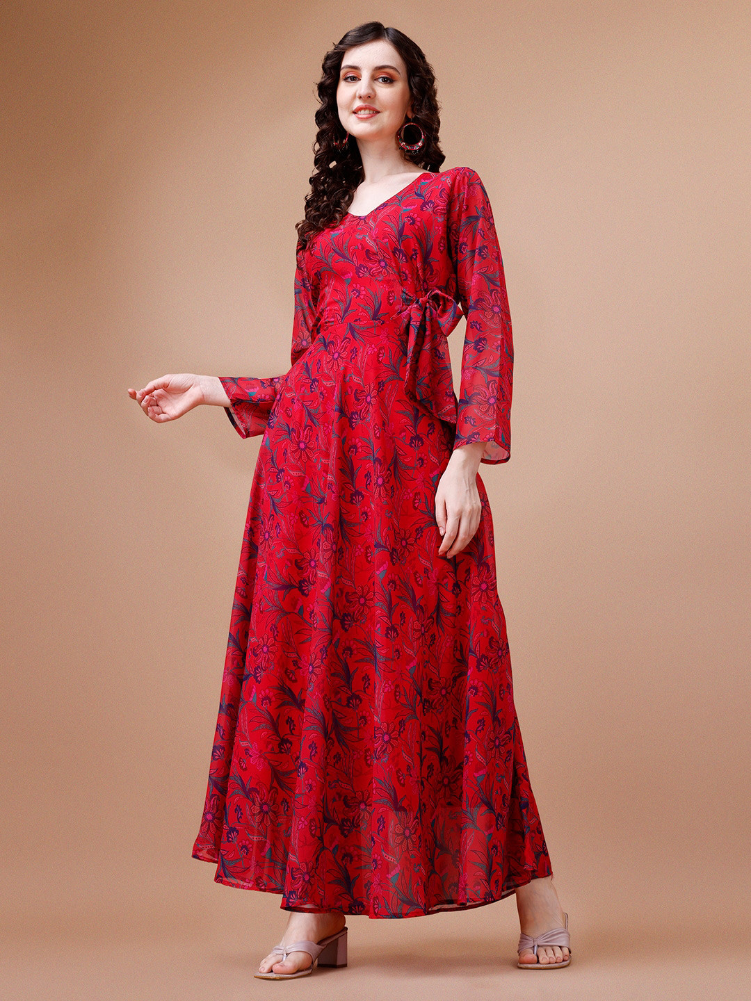 

HETVI CREATION Floral Printed Georgette Fit & Flare Maxi Dress, Red