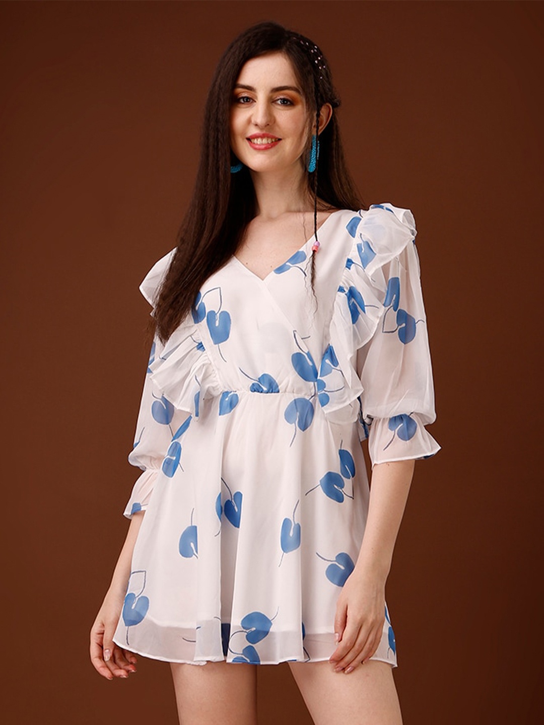 

HETVI CREATION Floral Printed V-Neck Georgette A-Line Mini Dress, White