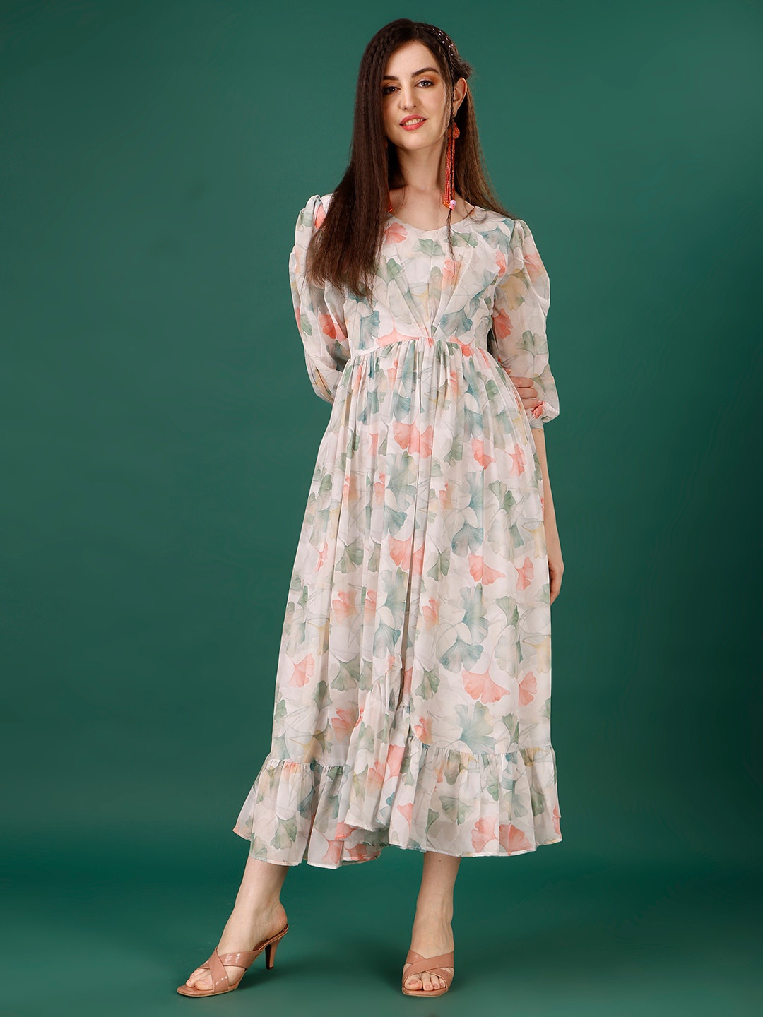 

HETVI CREATION Floral Printed Puff Sleeve Georgette Fit and Flare Midi Dress, White