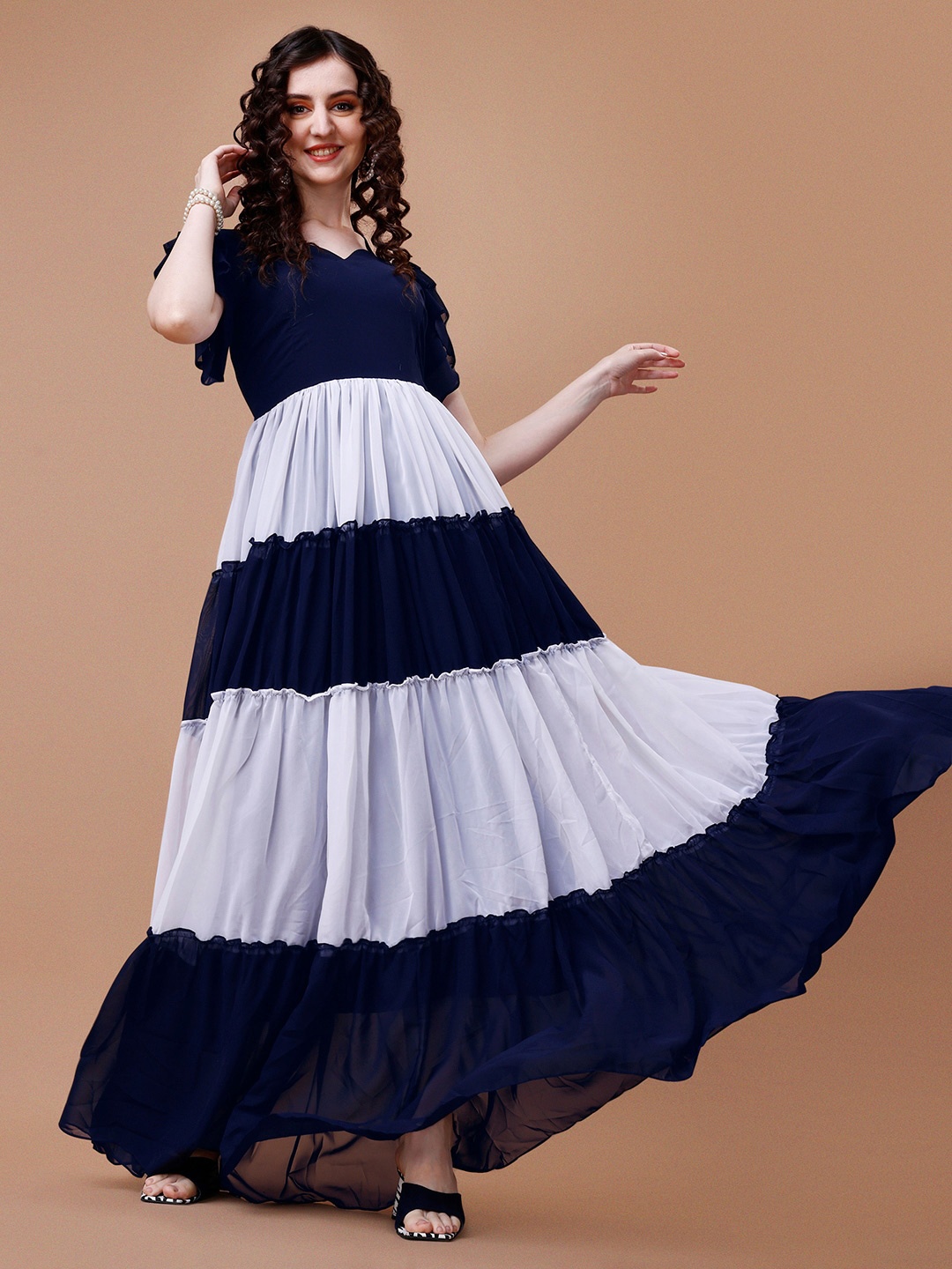 

HETVI CREATION Colourblocked V-Neck Georgette Fit and Flare Maxi Ethnic Dress, Navy blue