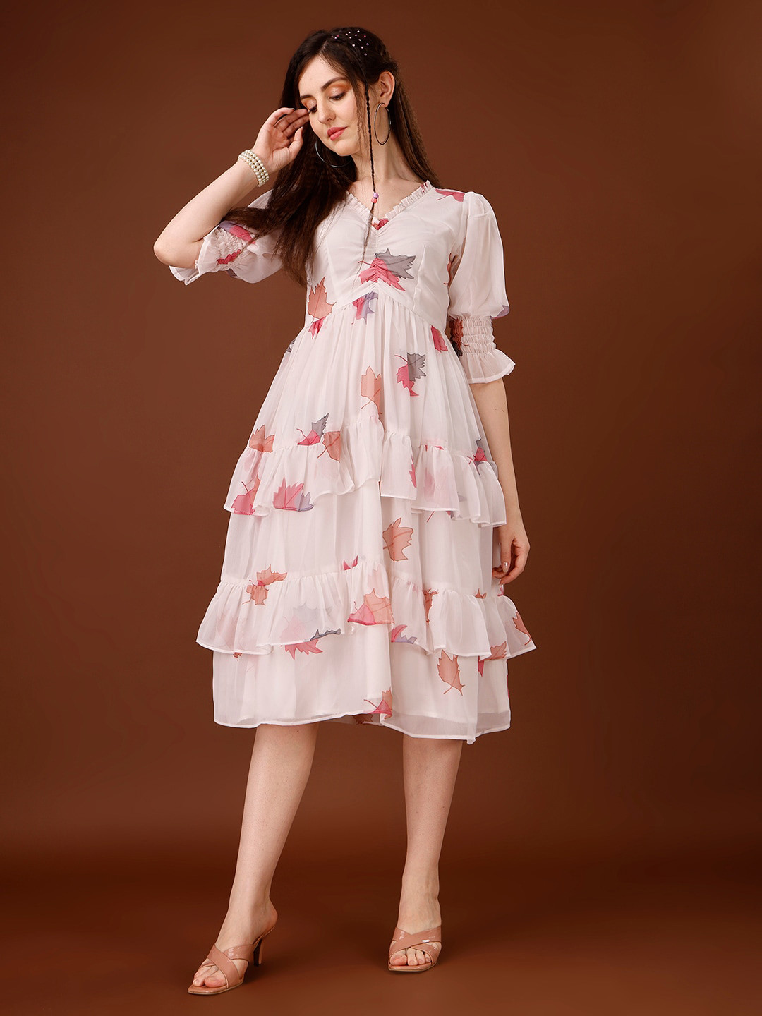 

HETVI CREATION Floral Printed V-Neck Layered Georgette Fit & Flare Midi Dress, White