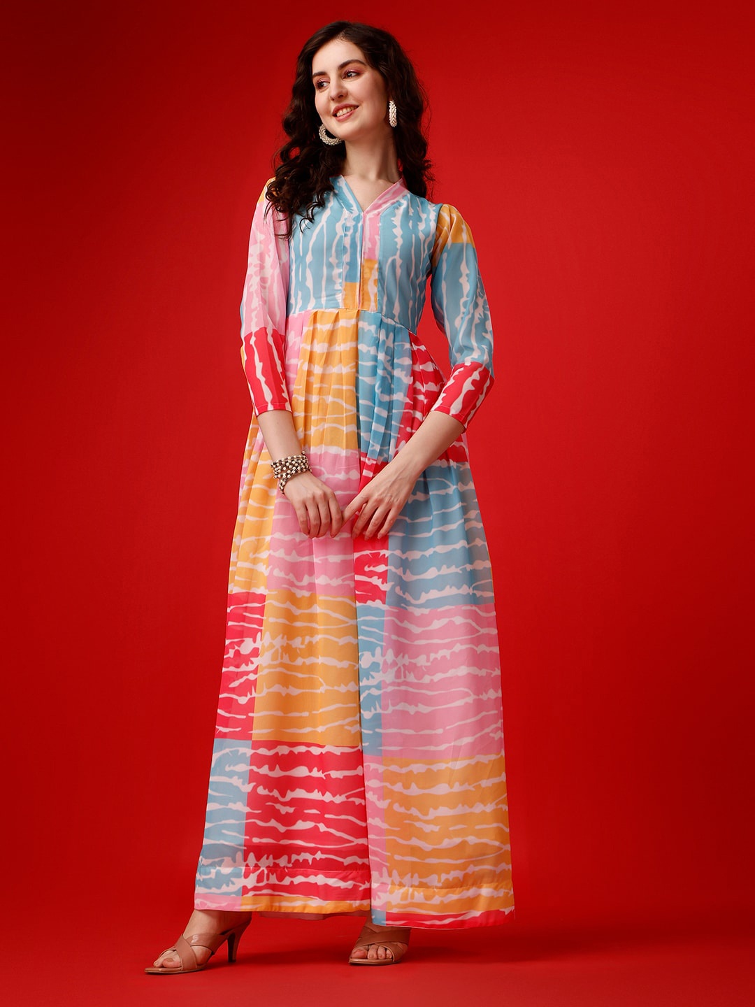 

HETVI CREATION Colourblocked V-Neck Georgette Maxi Dress, Blue
