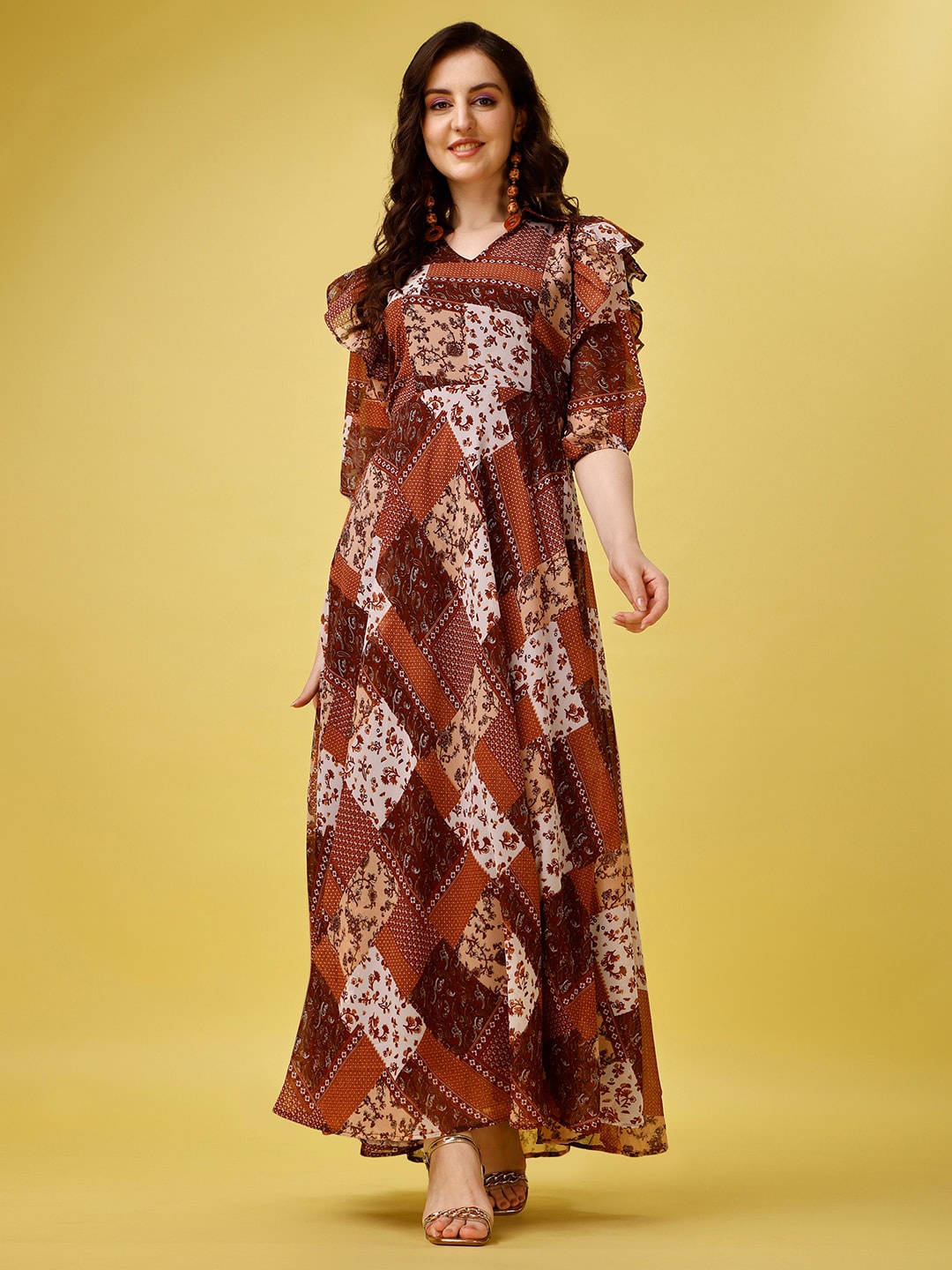 

HETVI CREATION Ethnic Motif Printed Ruffled Georgette Maxi Dress, Brown