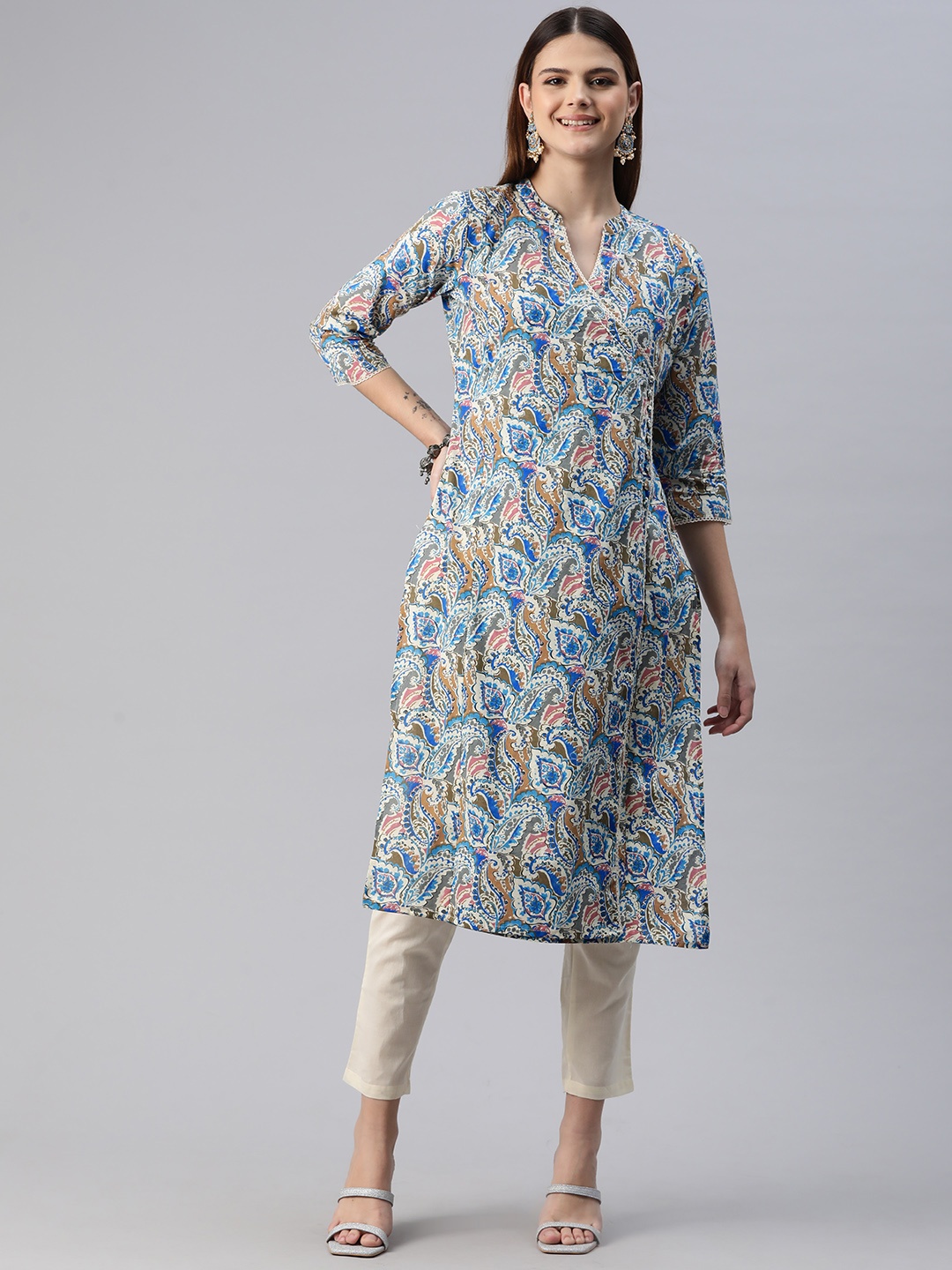 

Readiprint Women Paisley Printed Regular Sequinned Pure Cotton Kurta with Trousers, Blue