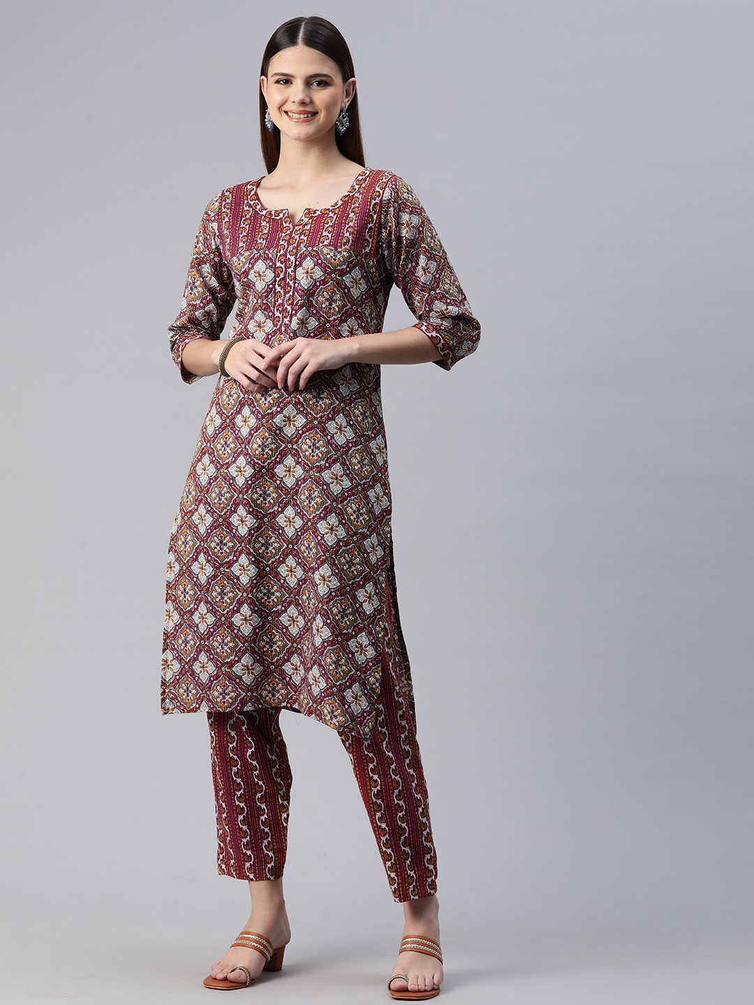 

Readiprint Women Ethnic Motifs Printed Regular Sequinned Pure Cotton Kurta with Trousers, Maroon