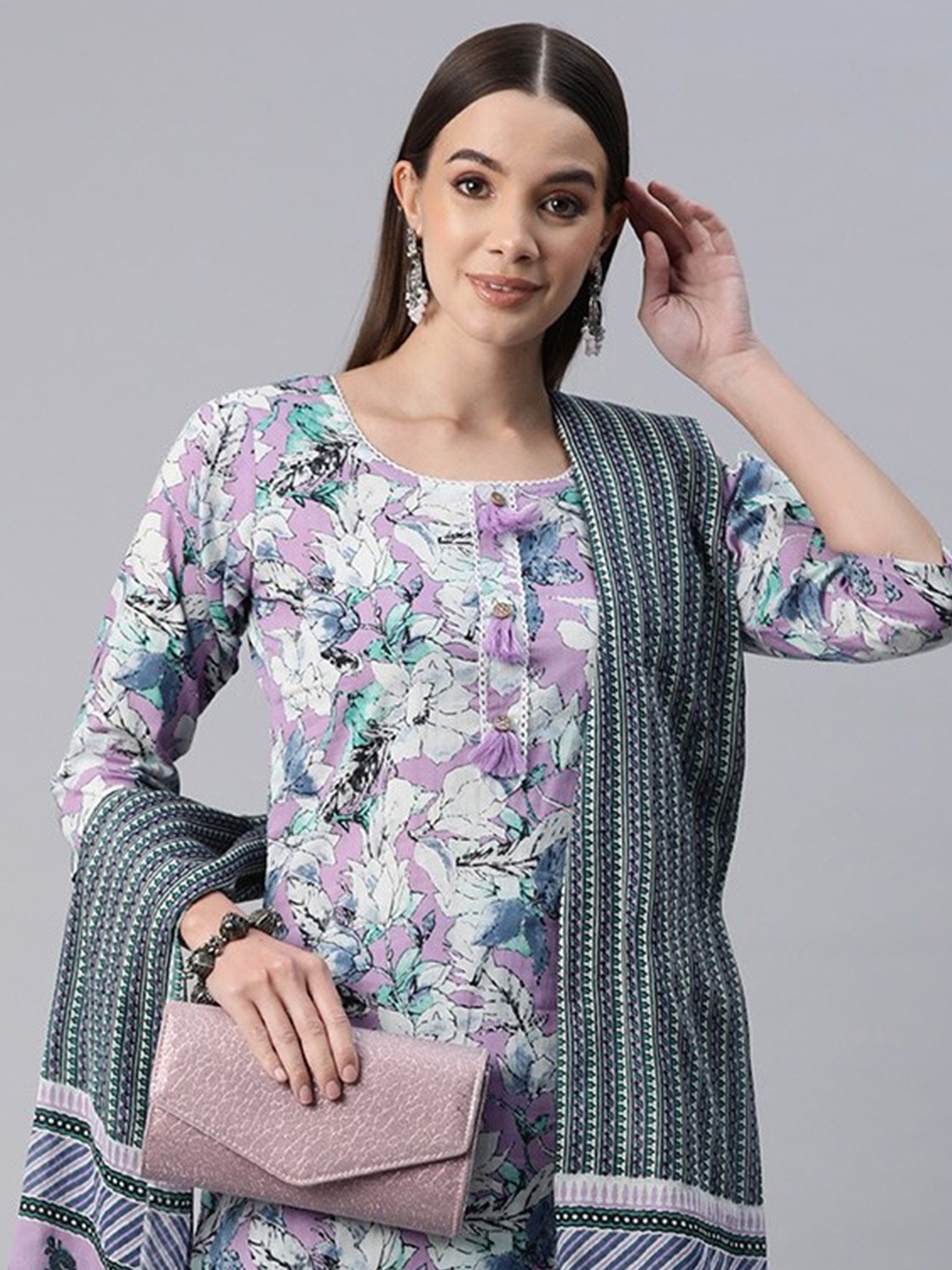 

Readiprint Women Floral Printed Regular Thread Work Pure Cotton Kurta with Trousers & With Dupatta, Purple