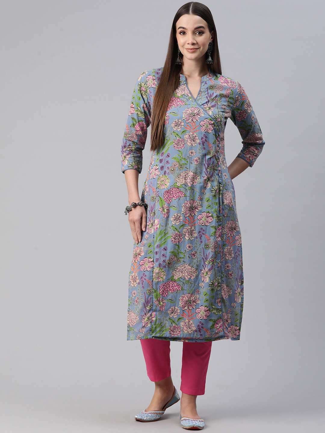 

Readiprint Women Floral Printed Regular Sequinned Pure Cotton Kurta with Trousers, Grey