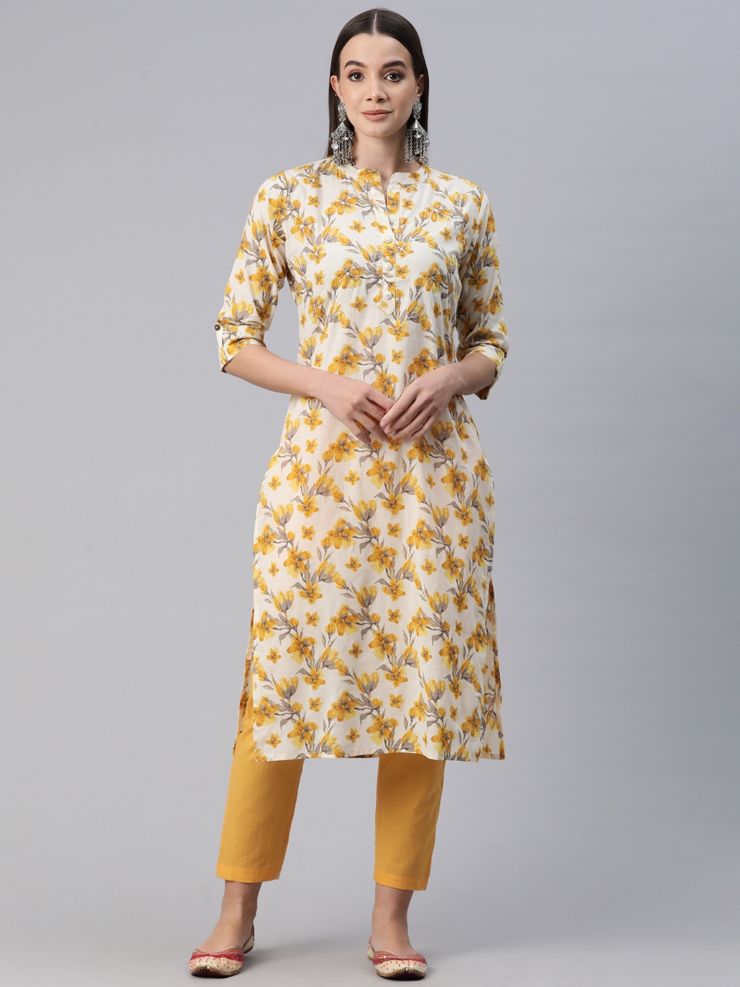 

Readiprint Women Floral Printed Regular Pure Cotton Kurta with Trousers, Mustard
