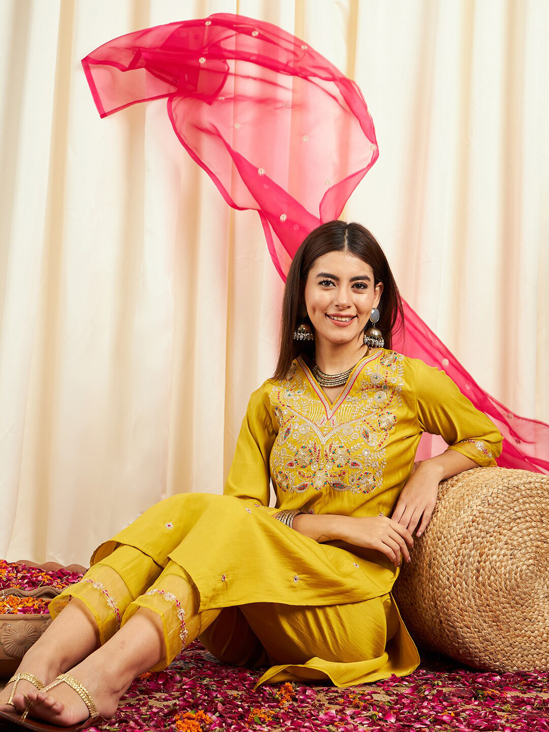 

Sangria Ethnic Motifs Embroidered Pure Silk Straight Kurta & Trousers With Dupatta, Yellow
