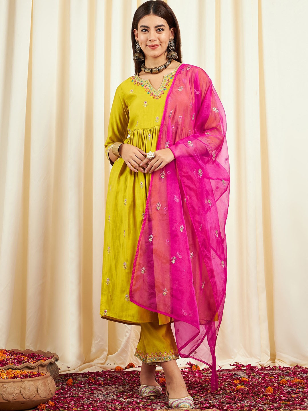

Sangria Floral Embroidered Pure Silk Anarkali Kurta & Trousers With Dupatta, Yellow