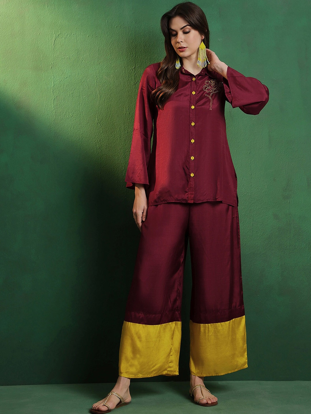 

Sangria Embroidered Viscose Silk Oversized Shirt With Palazzos, Maroon