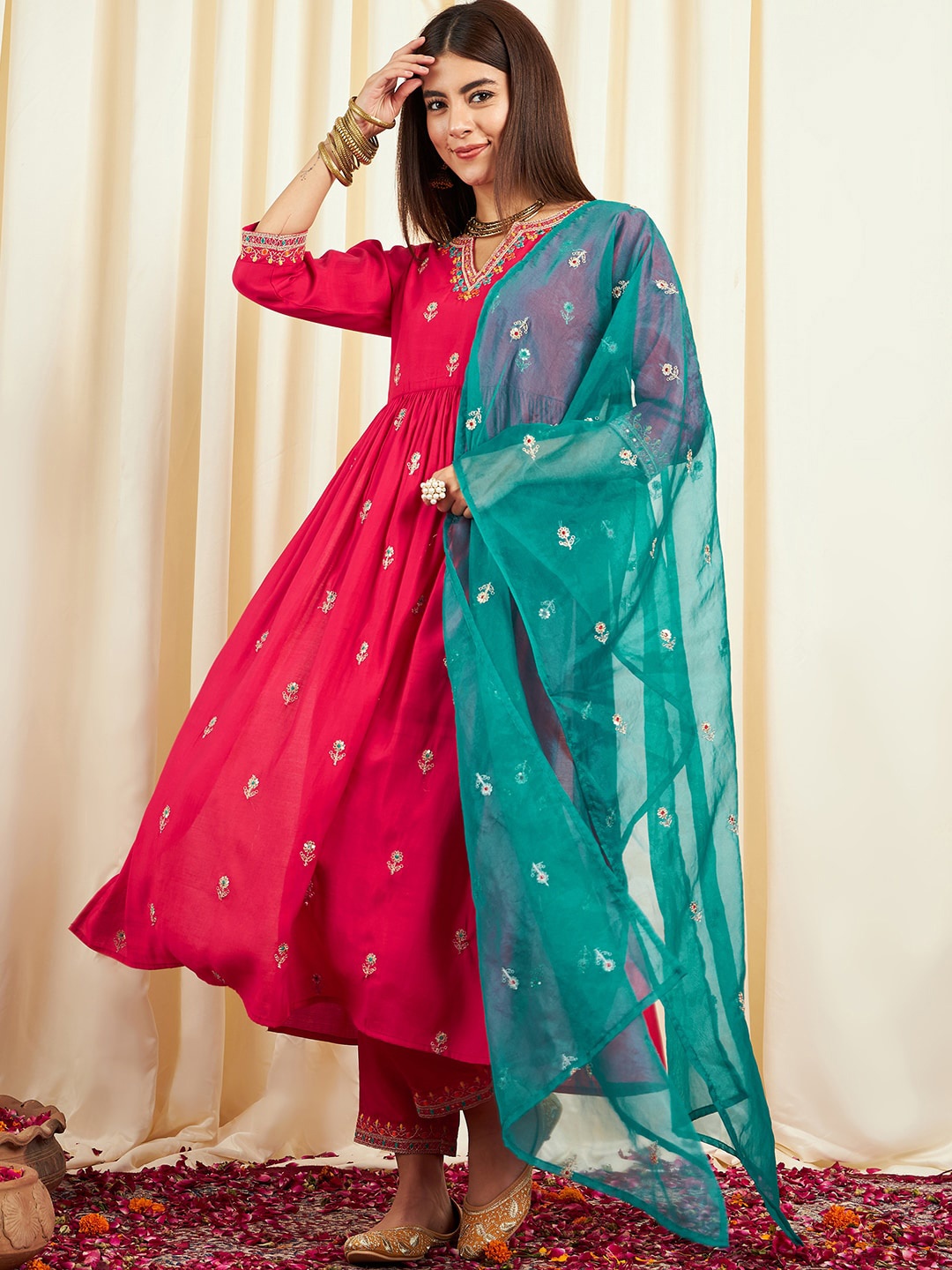 

Sangria Floral Embroidered Pure Silk Anarkali Kurta & Trousers With Dupatta, Red