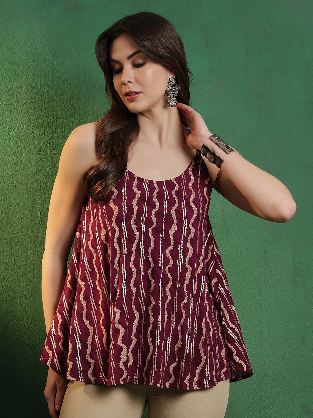 

Sangria Maroon Abstract Printed Shoulder Straps Top